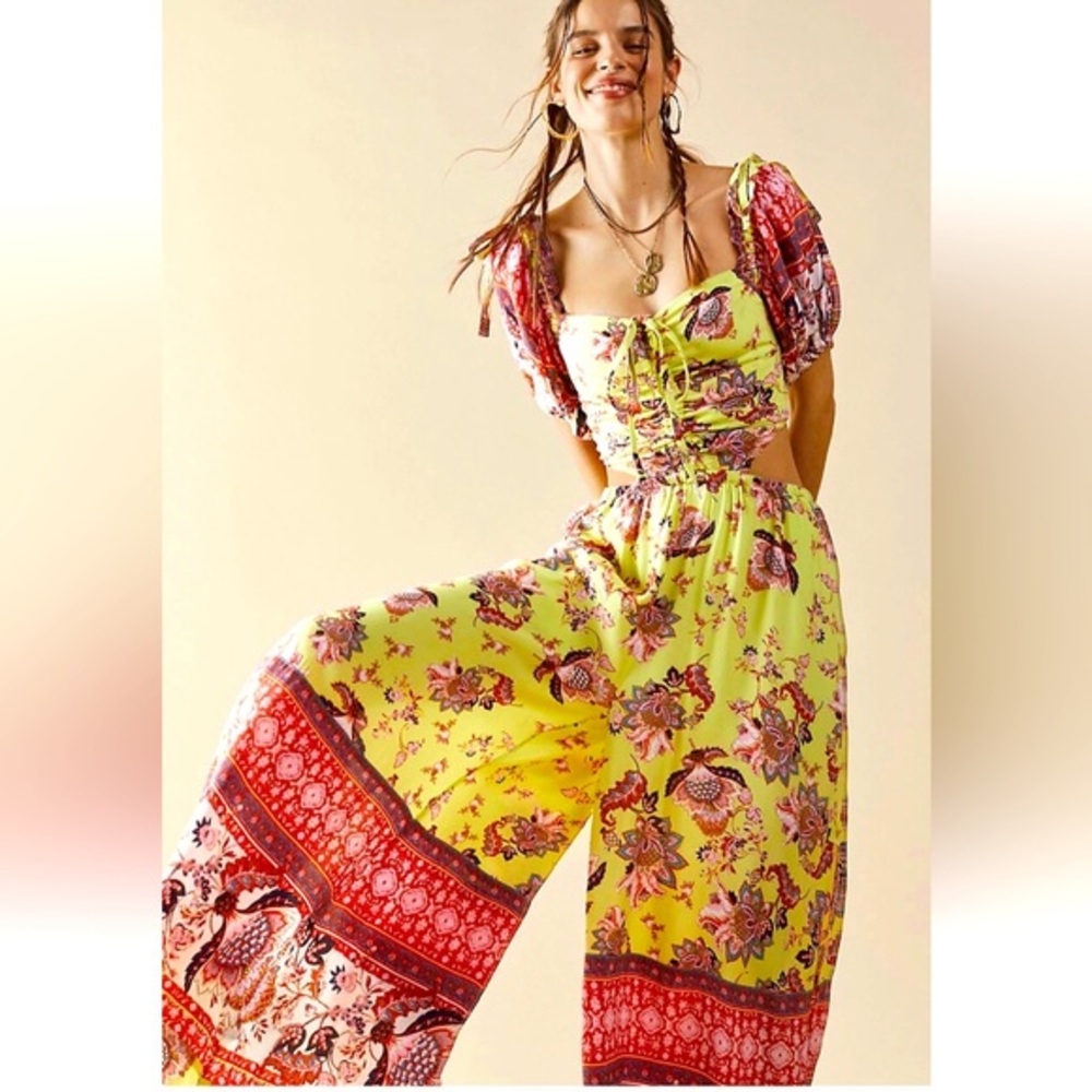 Free People| Wide Leg Bali Citrus Skies Lime Jumpsuit Sz M